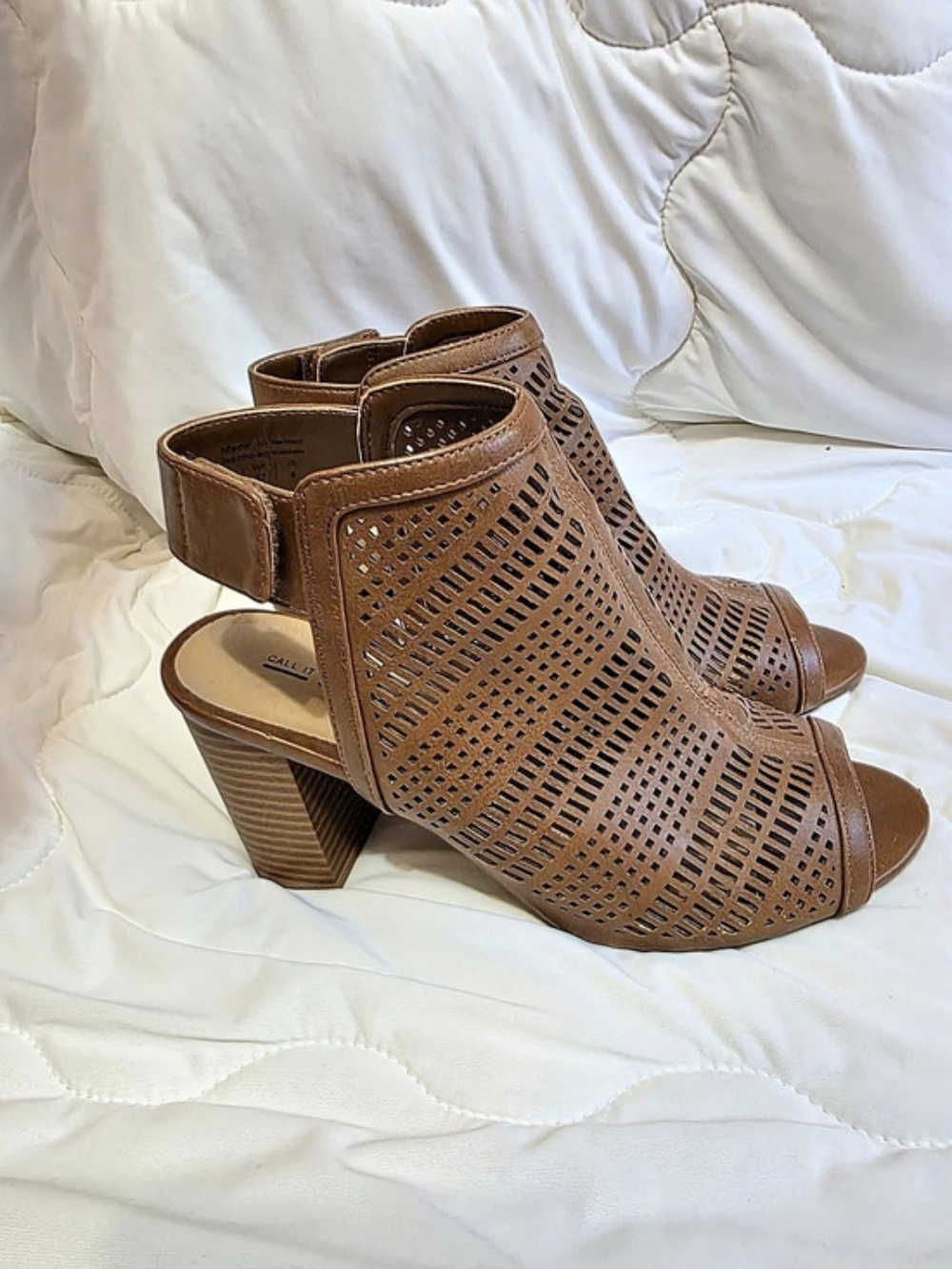 Call It Spring Perforated Block Heel Sandals in Brown